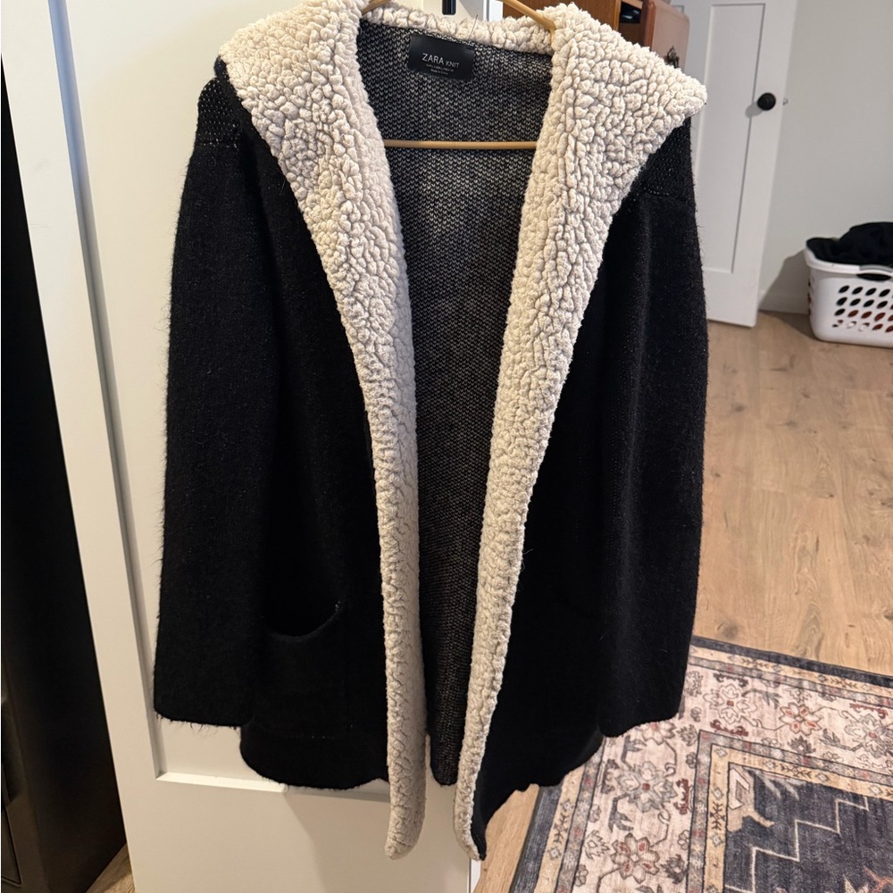 Zara Women's Black Teddy Jacket with Cream Lining